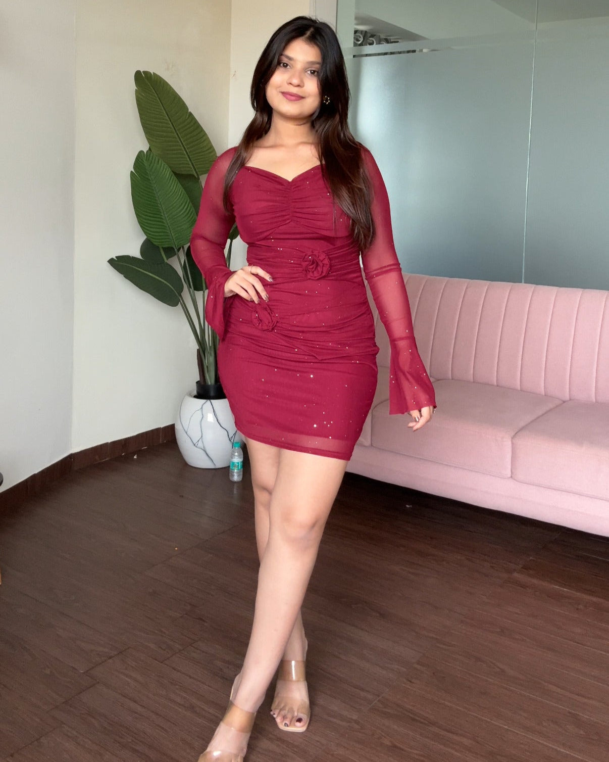 Bell Sleeve Sweetheart Rose Detail Mesh Mini Dress