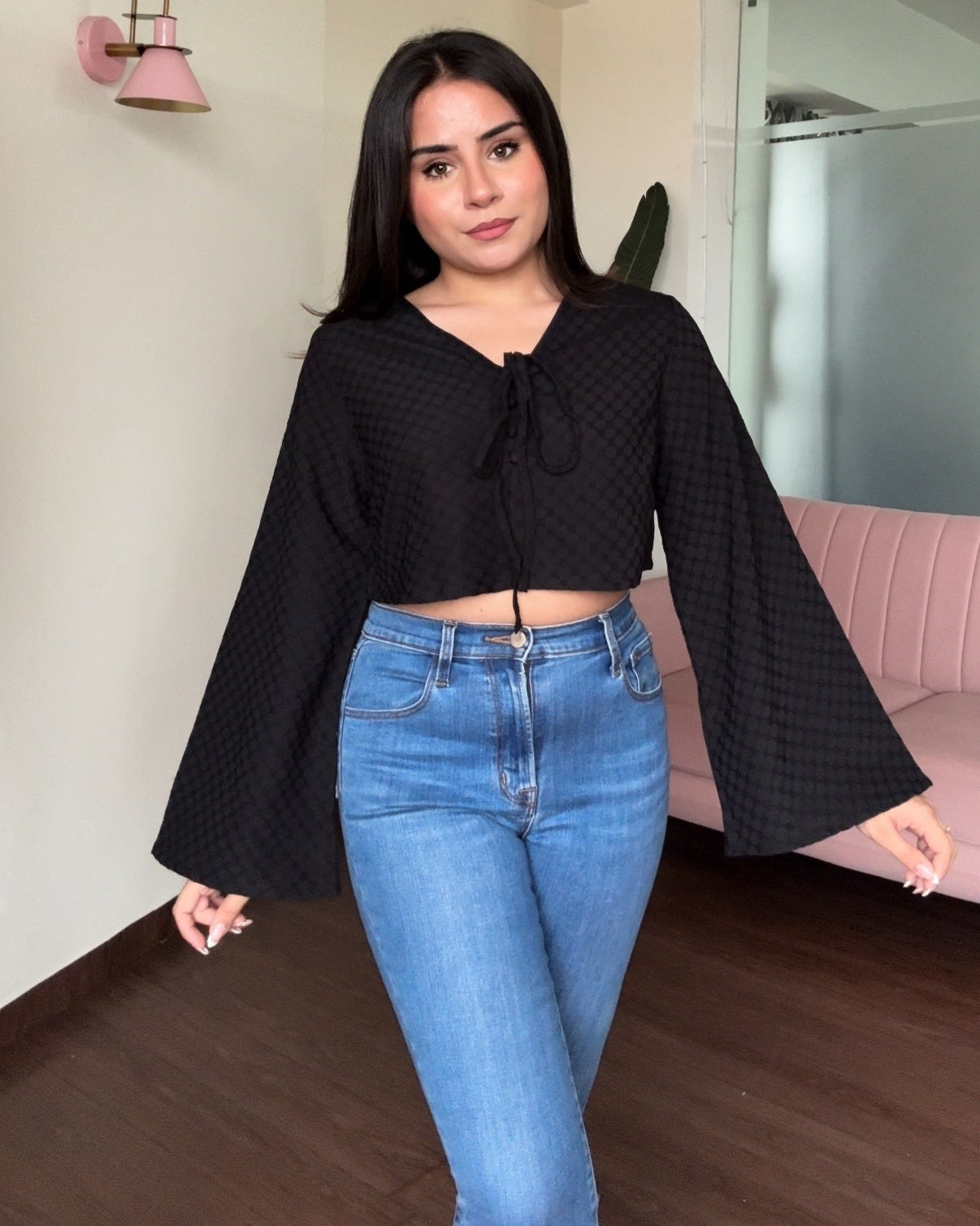 Bell Sleeve Tie Up Detailing Crop Top