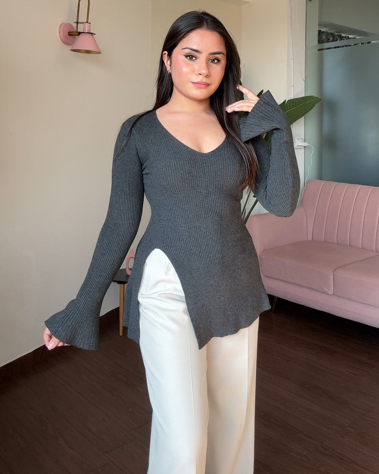 Bell Sleeve V Neck Knitted Top With Slit