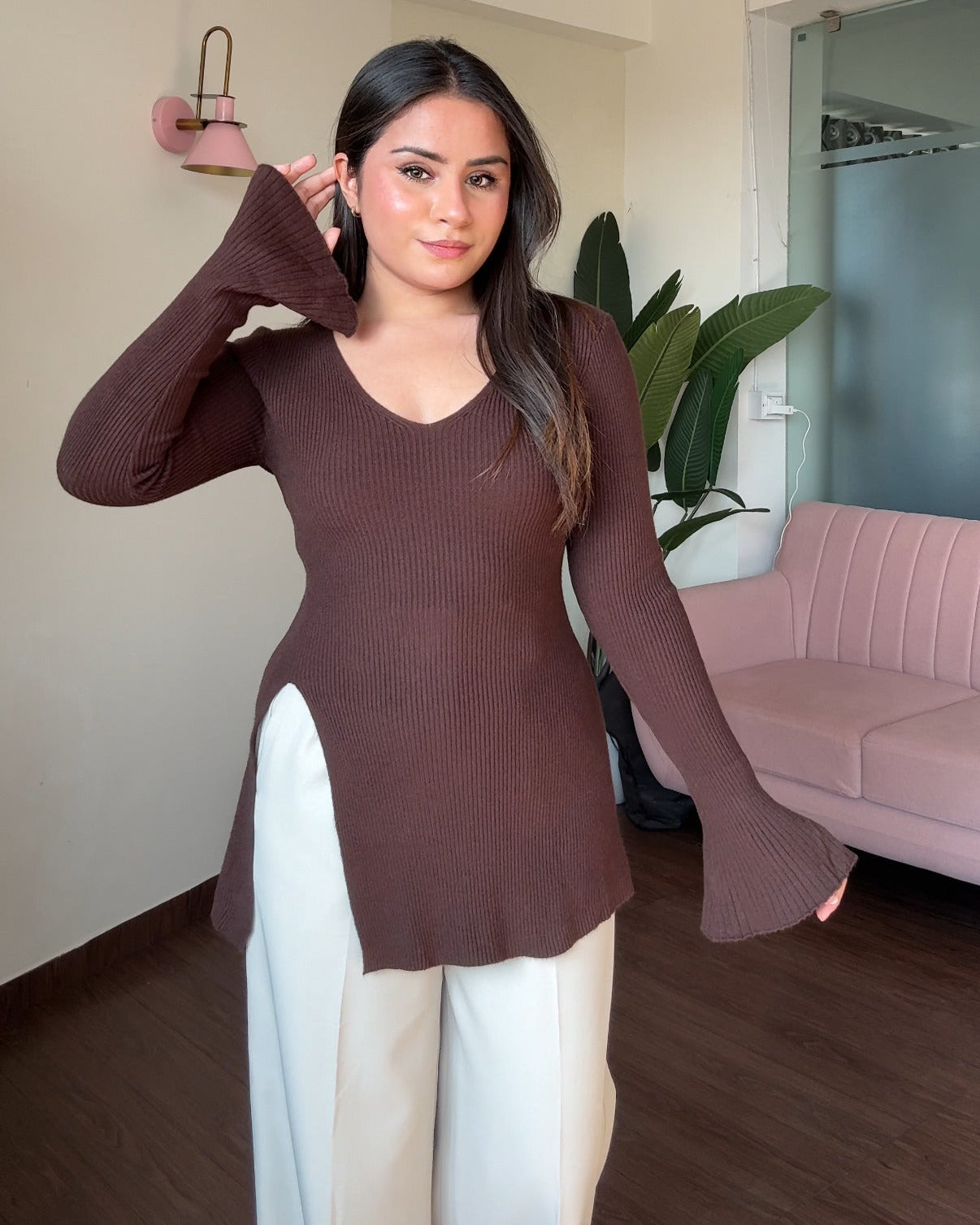Bell Sleeve V Neck Knitted Top With Slit