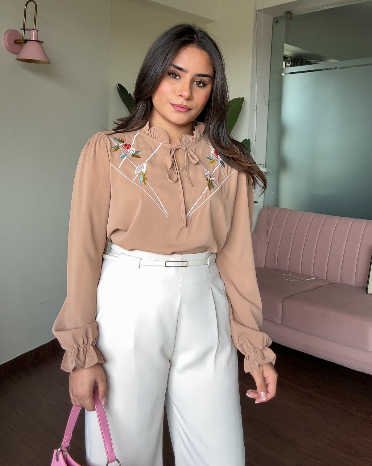 Bell Sleeves Floral Embroidered Ruffle Collar Top