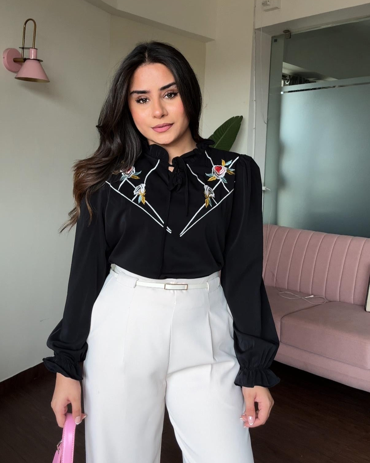 Bell Sleeves Floral Embroidered Ruffle Collar Top