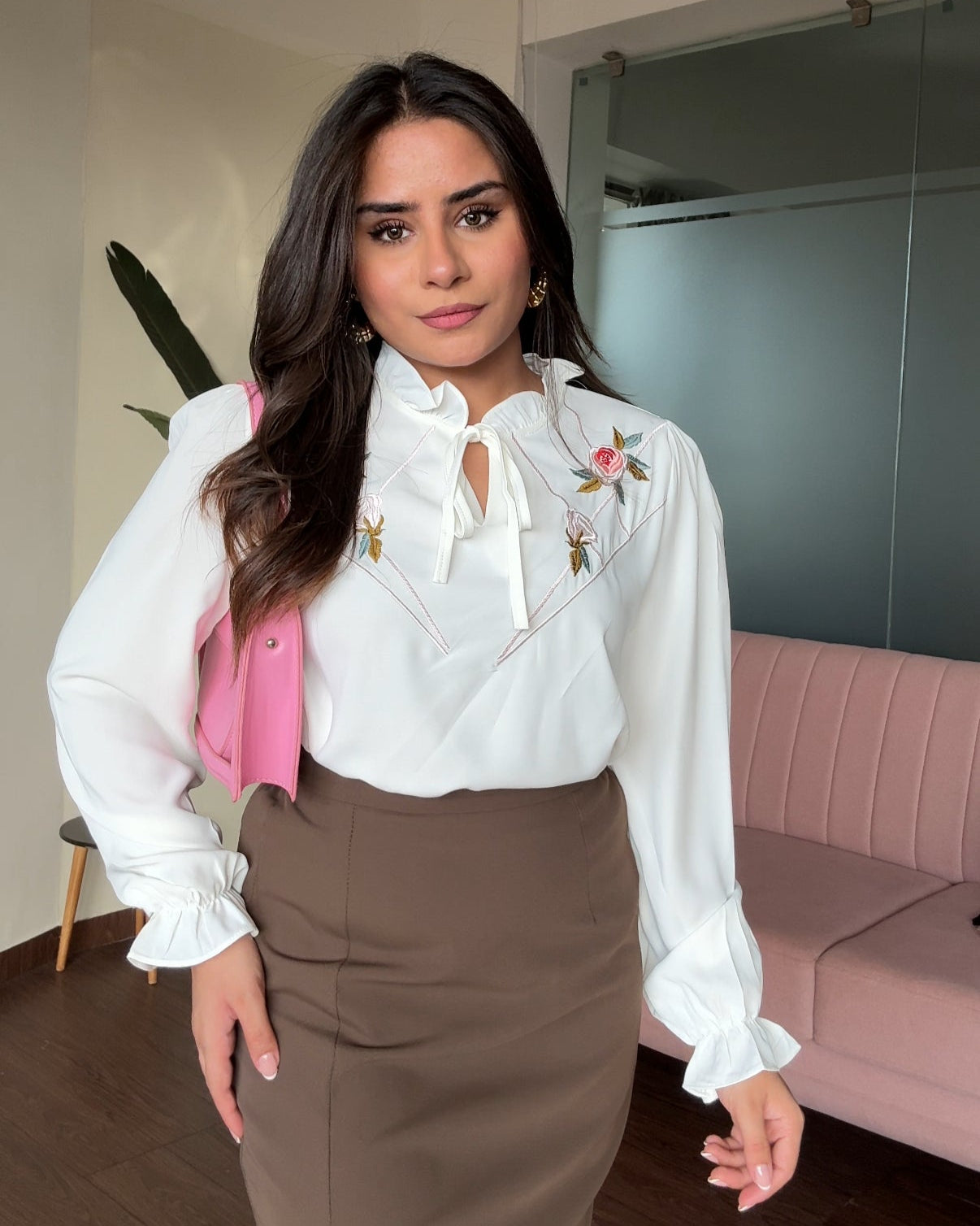 Bell Sleeves Floral Embroidered Ruffle Collar Top