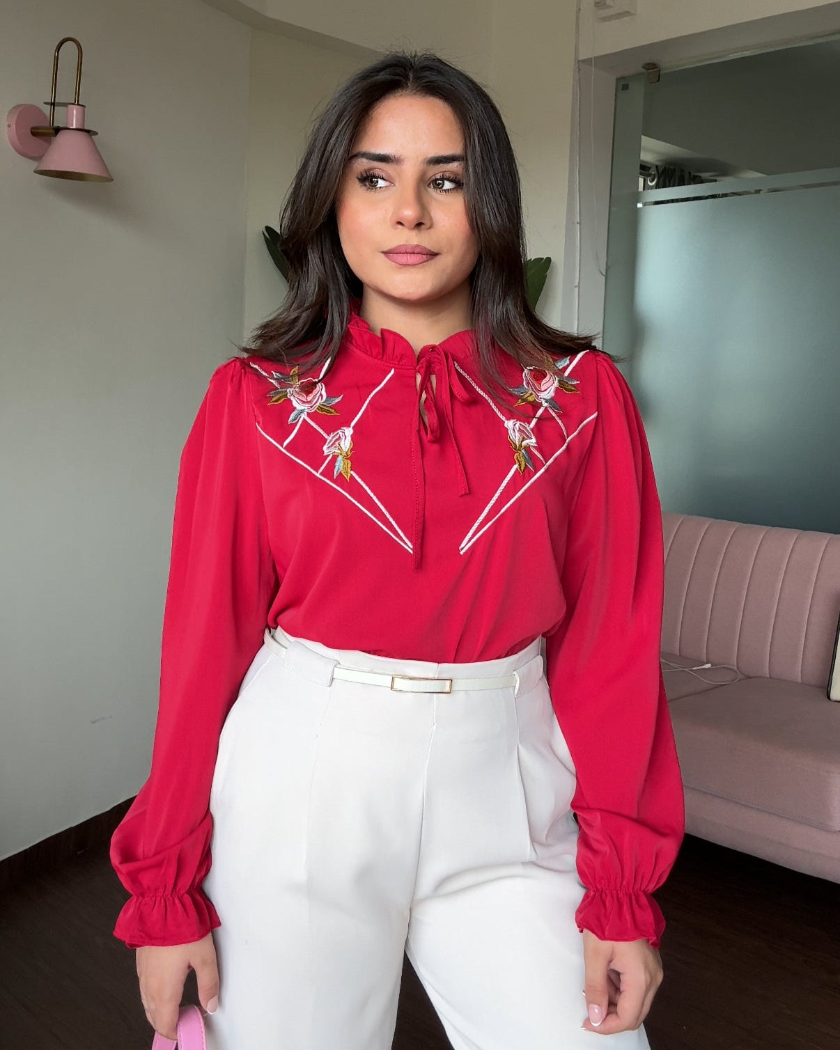 Bell Sleeves Floral Embroidered Ruffle Collar Top