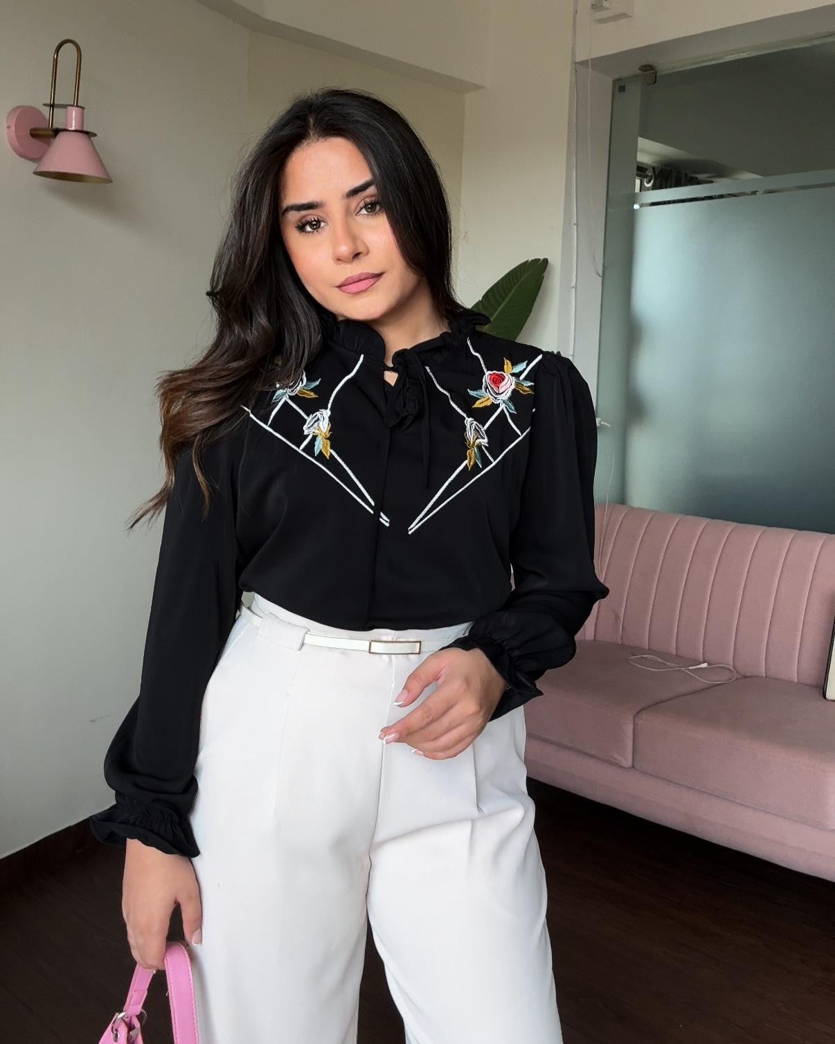 Bell Sleeves Floral Embroidered Ruffle Collar Top