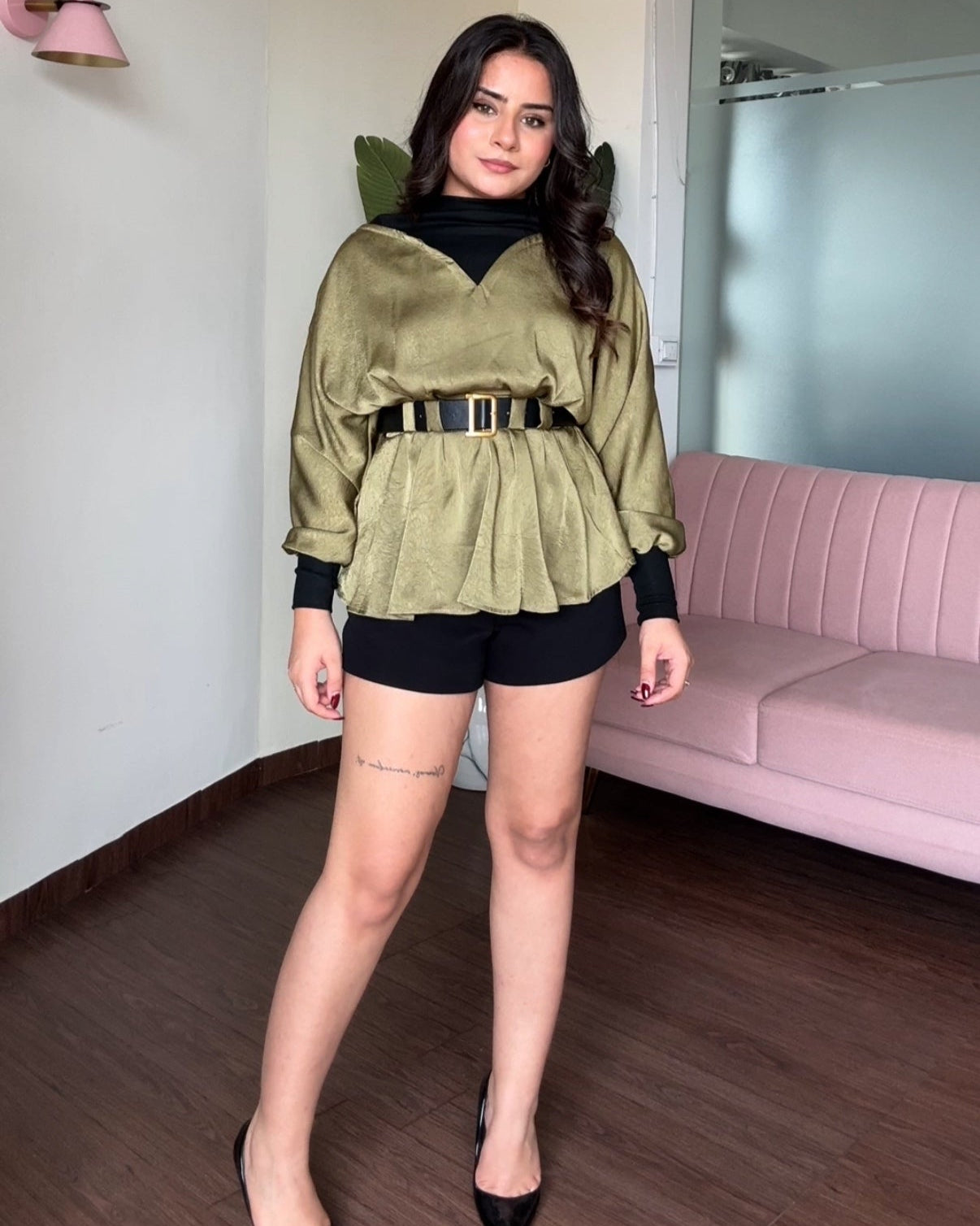 Belted Peplum Satin Highneck Top