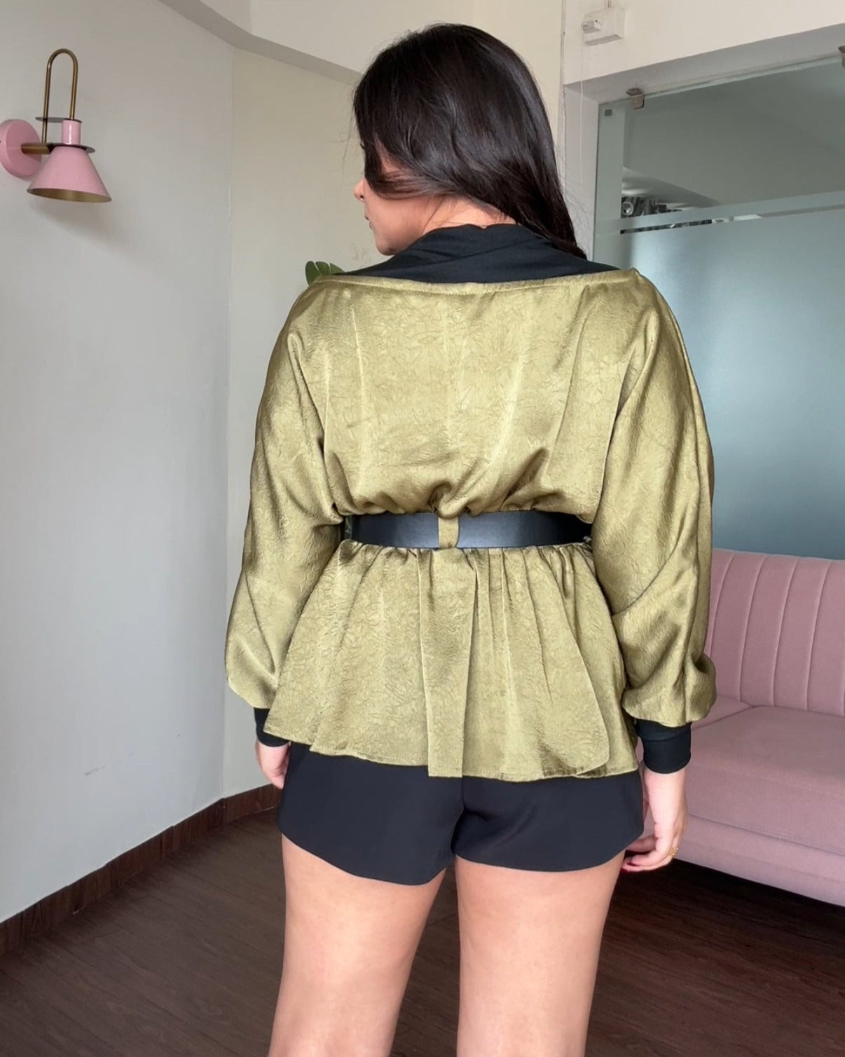 Belted Peplum Satin Highneck Top