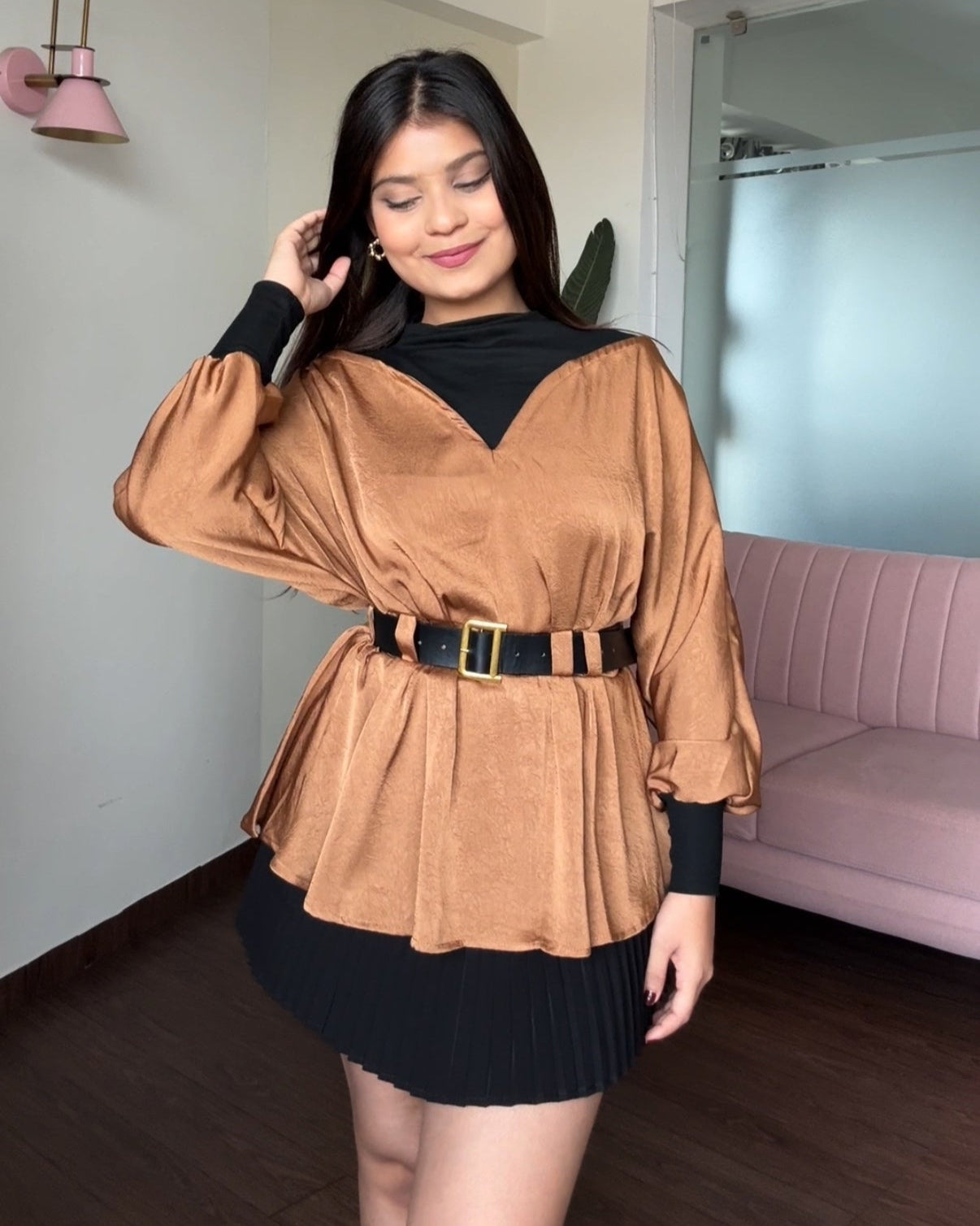 Belted Peplum Satin Highneck Top
