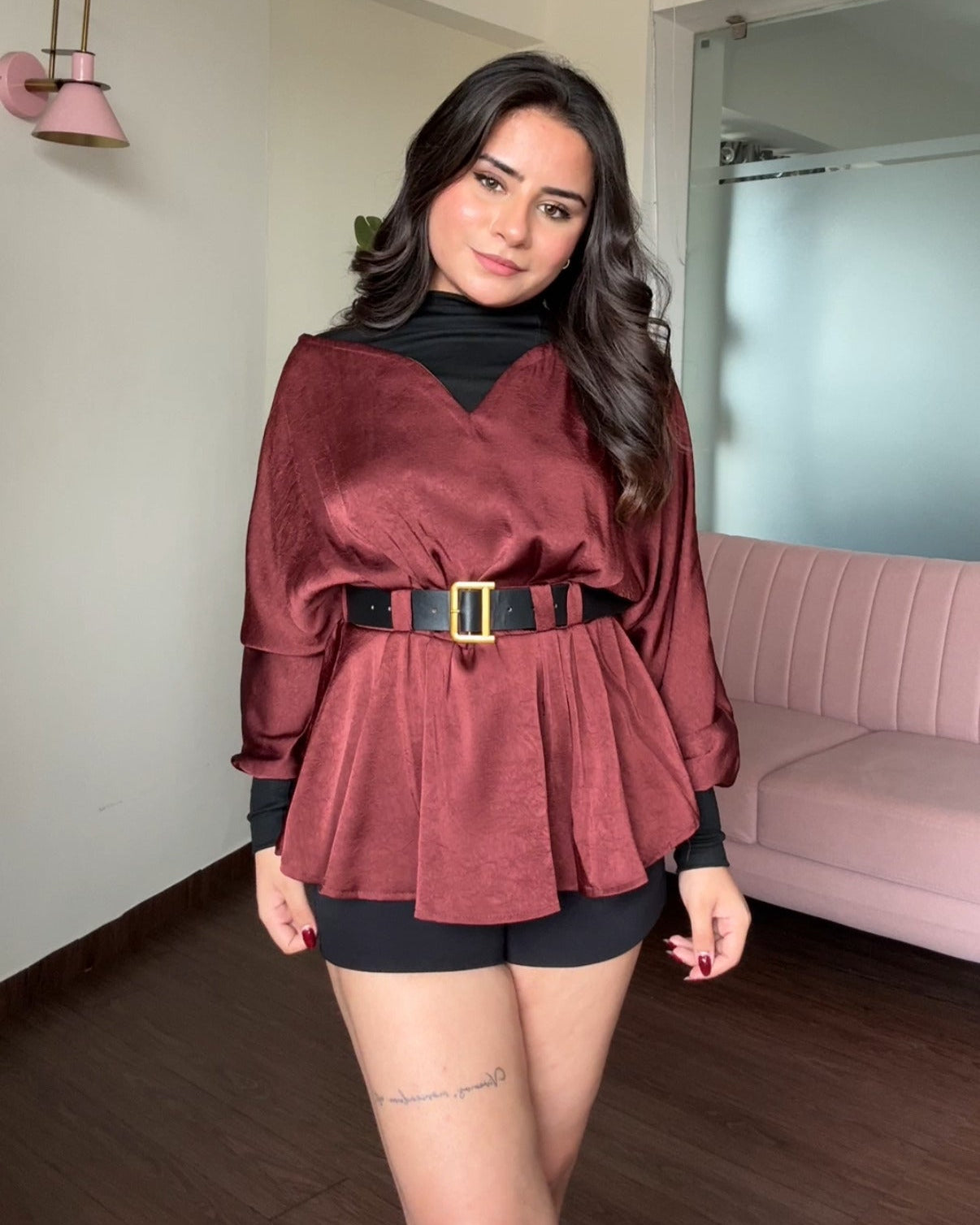 Belted Peplum Satin Highneck Top