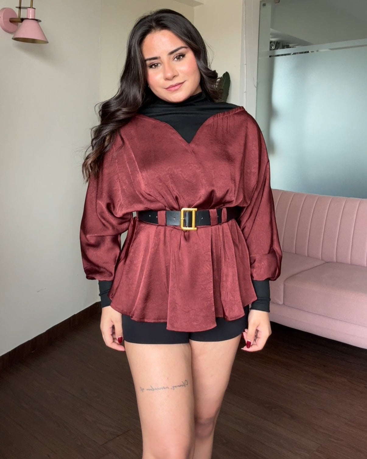 Belted Peplum Satin Highneck Top