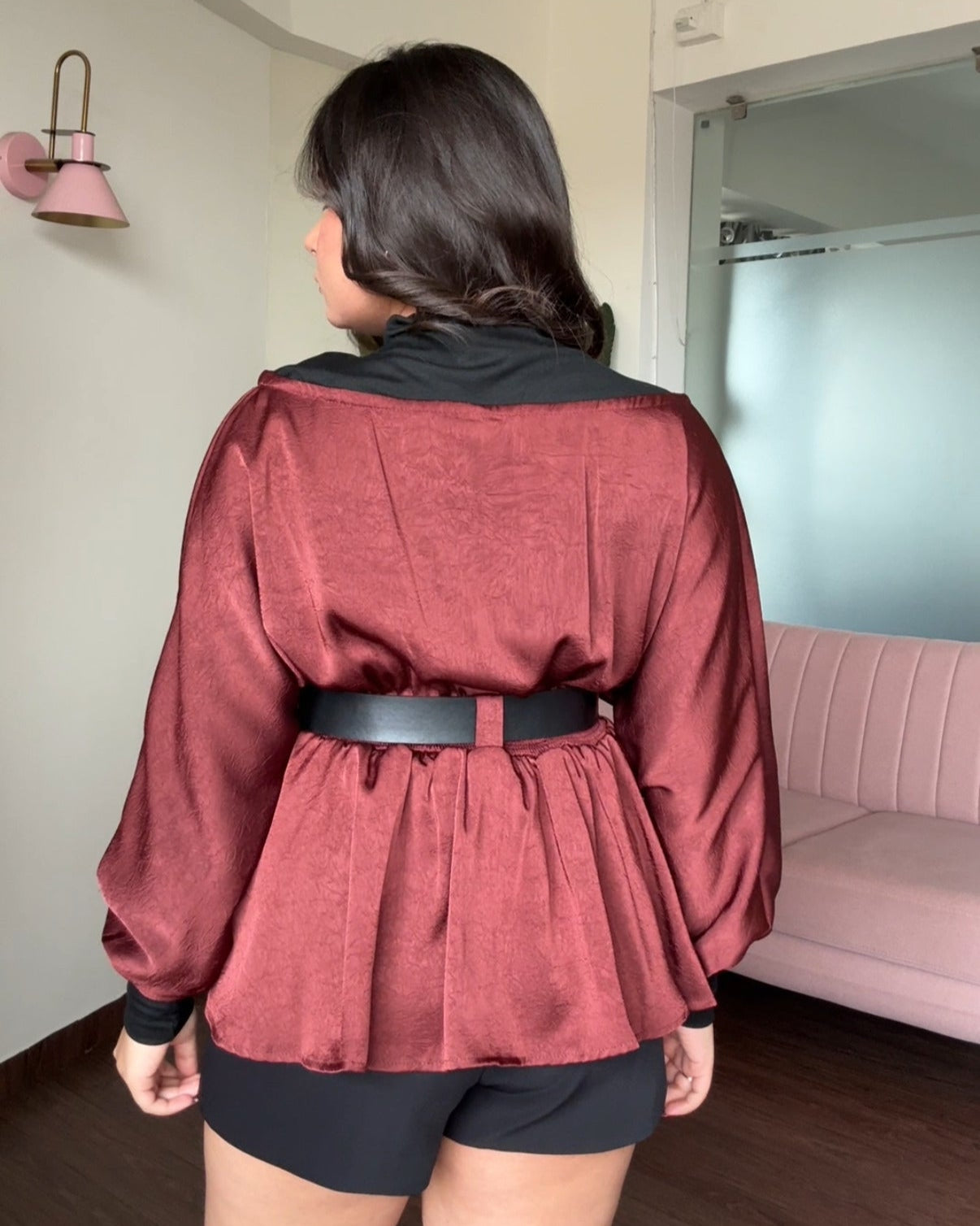 Belted Peplum Satin Highneck Top