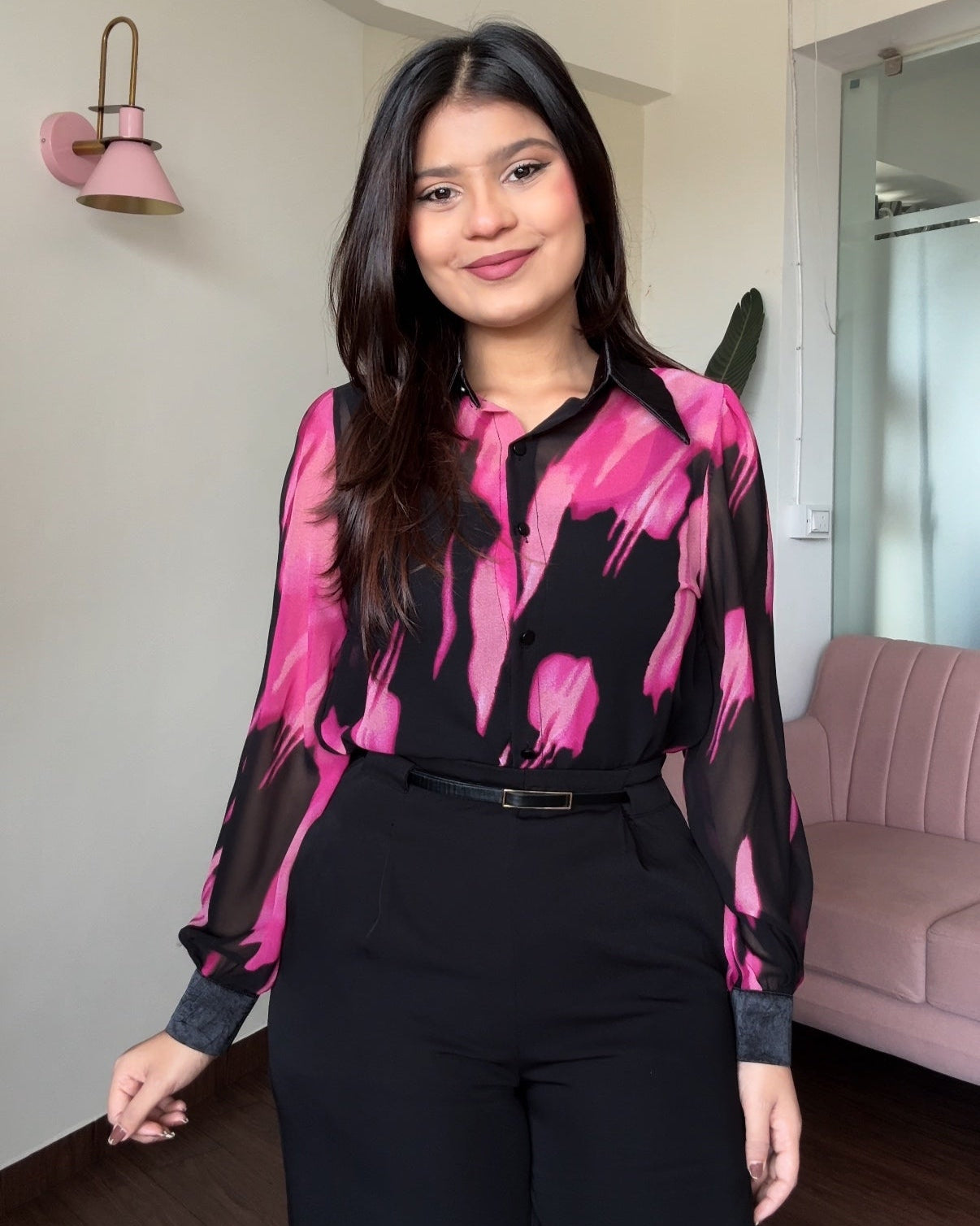 Black Contrast Shaded Chiffon Button Up Blouse