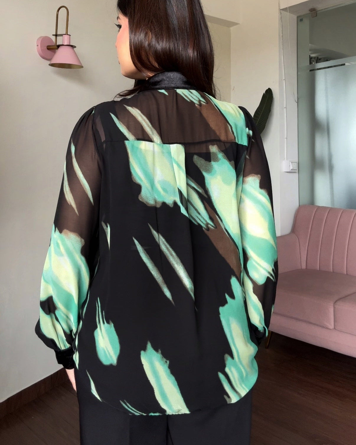 Black Contrast Shaded Chiffon Button Up Blouse