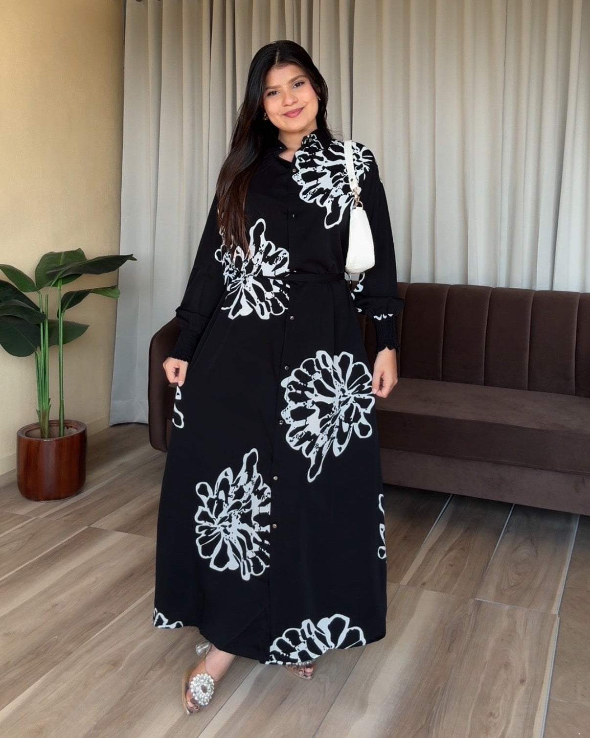 Black Floral Printed Shirt Midi Dress With Belt