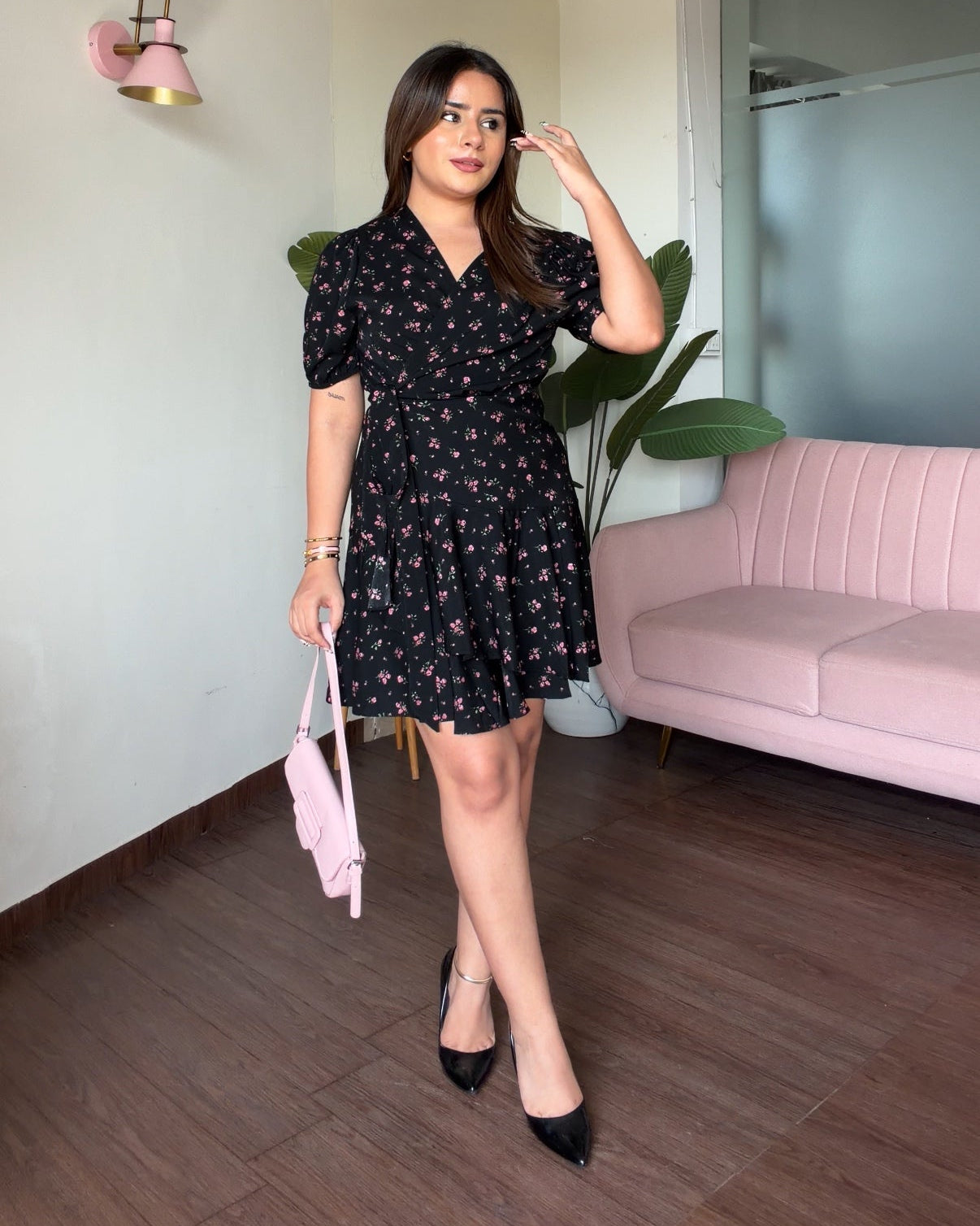 Black Floral Puff Sleeve Wrap Mini Dress