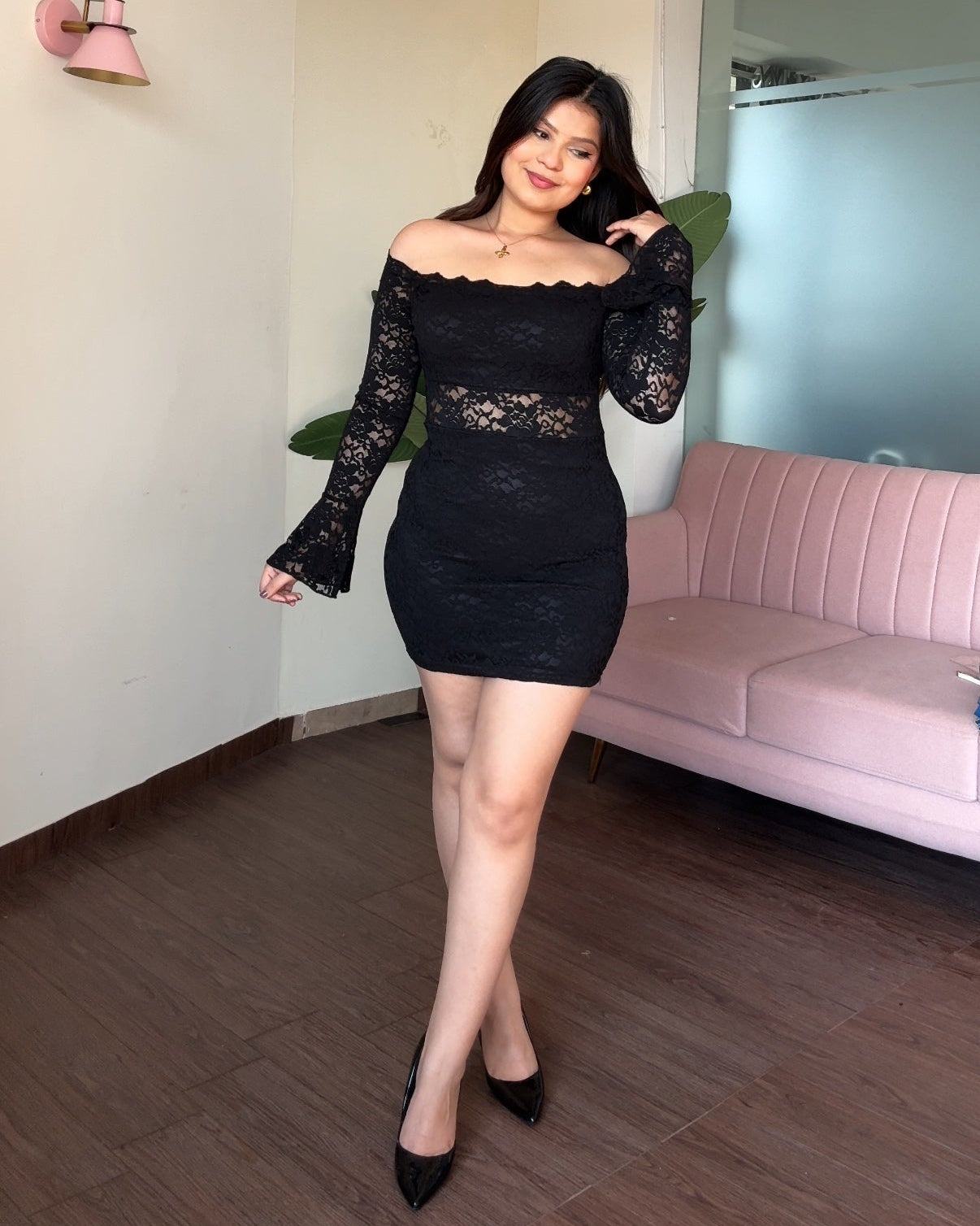 Black Padded Lacy Waist Cut Out Bell Sleeve Mini Dress