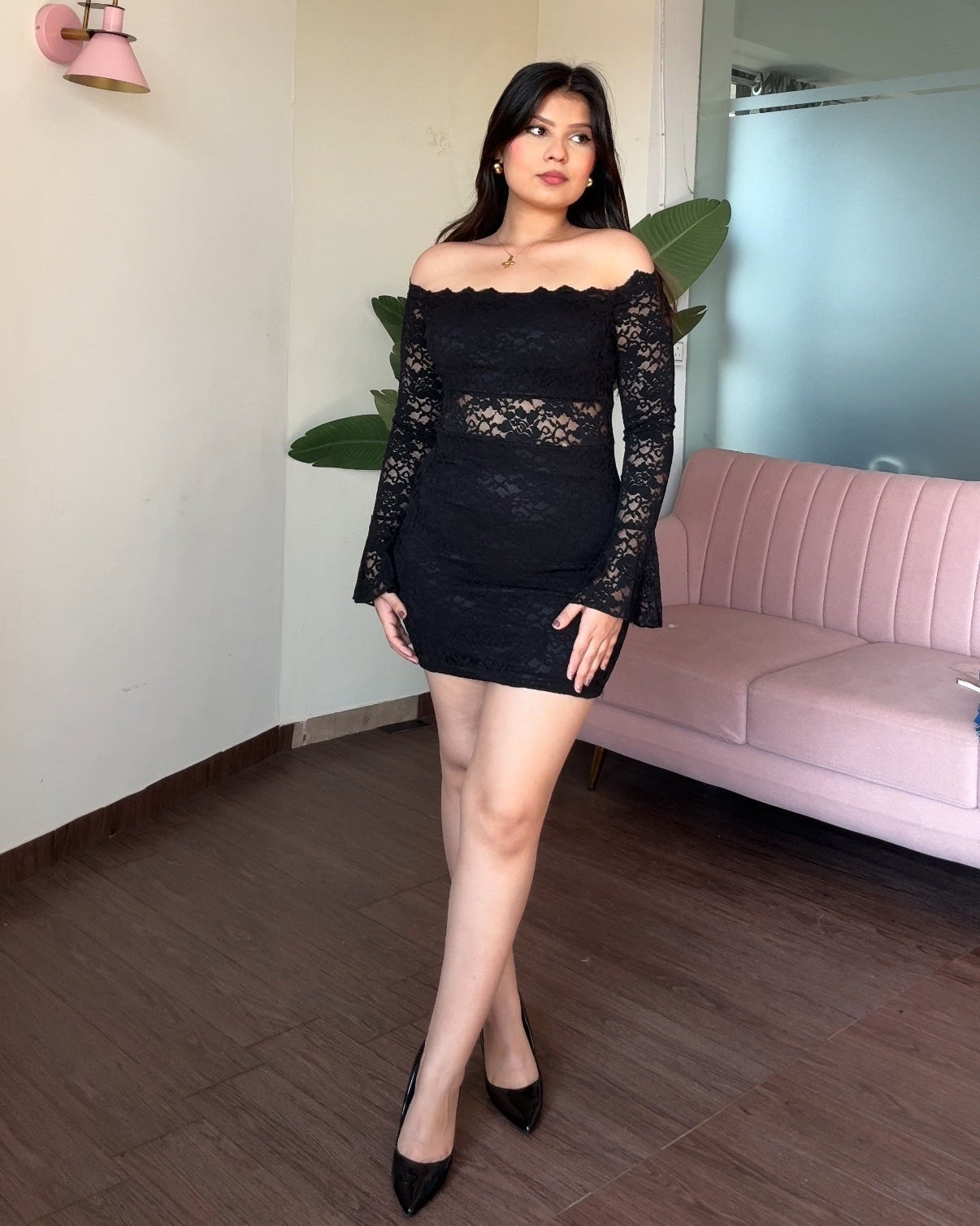 Black Padded Lacy Waist Cut Out Bell Sleeve Mini Dress