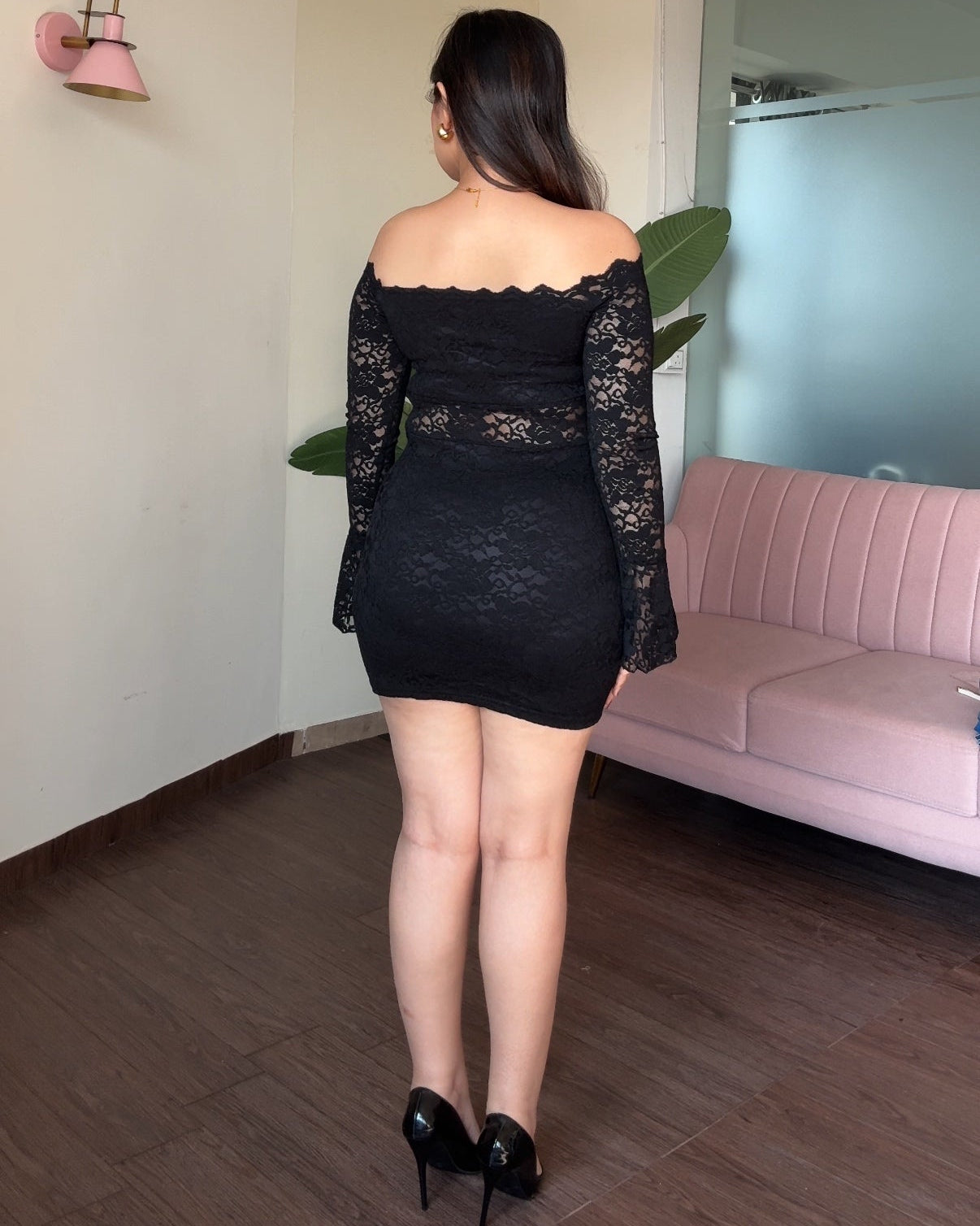 Black Padded Lacy Waist Cut Out Bell Sleeve Mini Dress