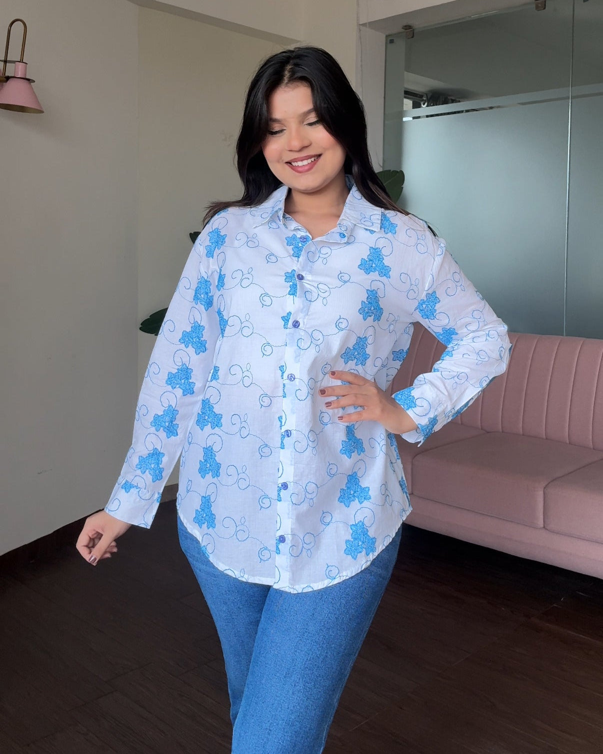 Blue Floral Embroidered Button Down Shirt