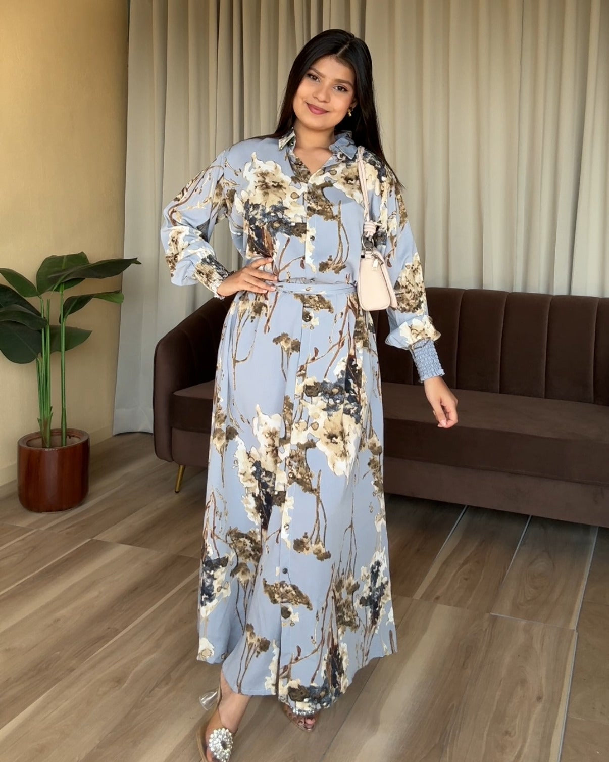Blue Floral Printed Shirt Midi Dress With Belt