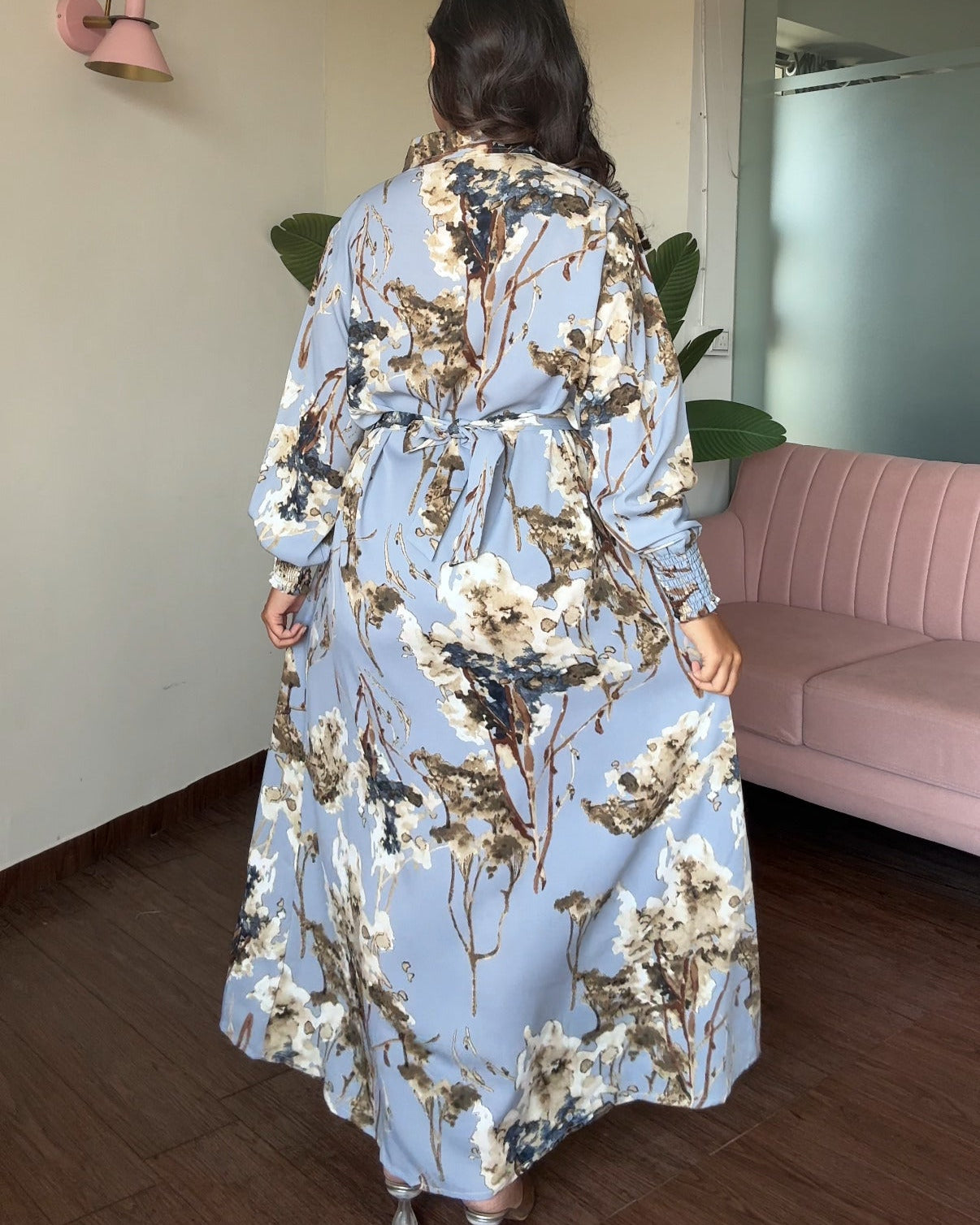 Blue Floral Printed Shirt Midi Dress With Belt