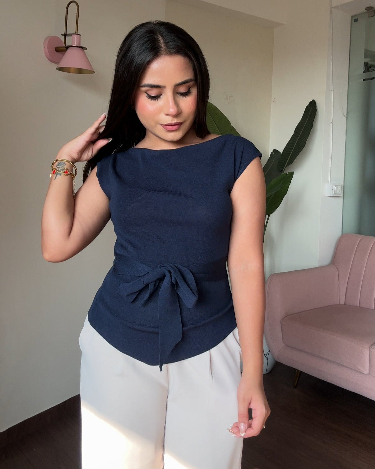 Boat Neck Tie Up Asymmetrical Hem Knitted Top