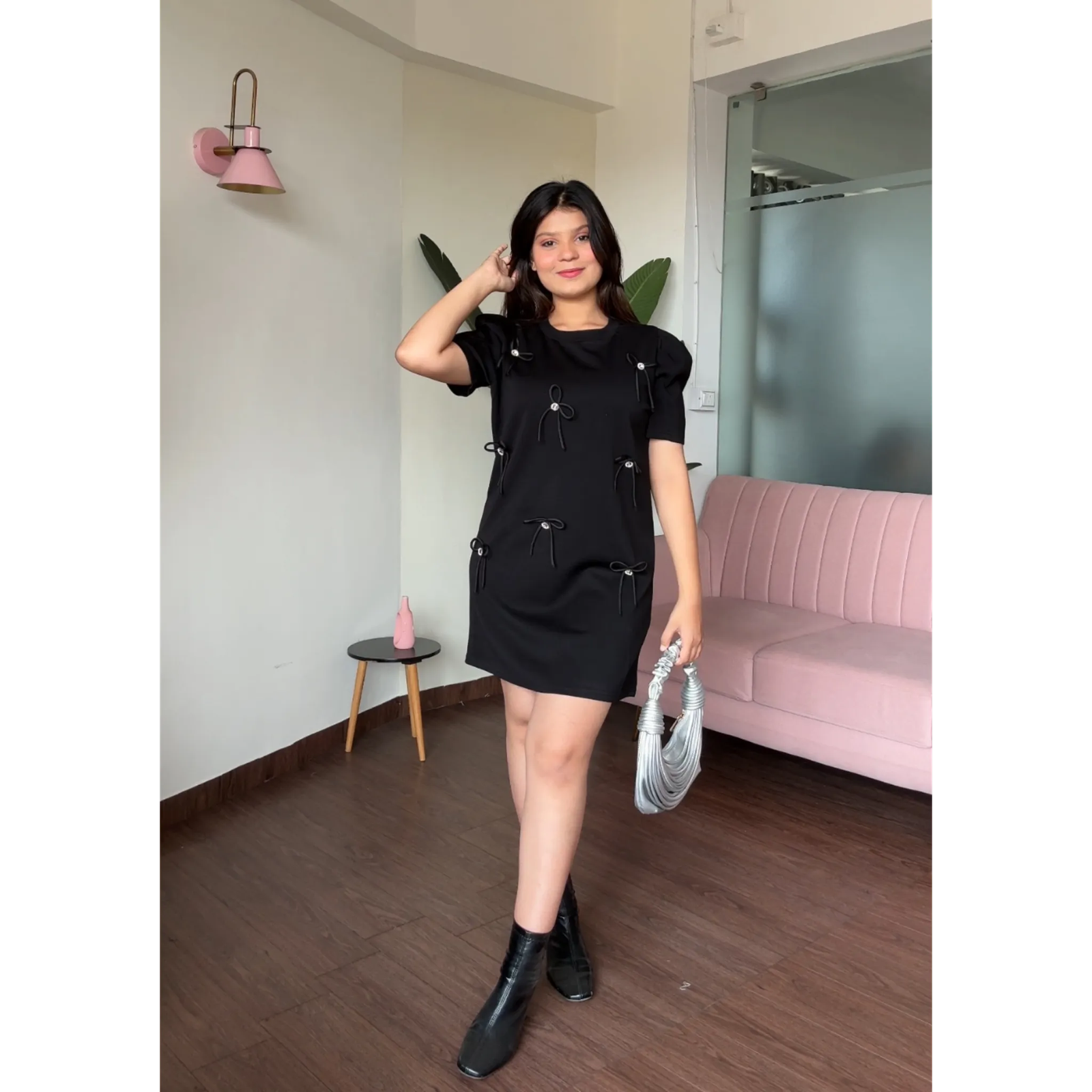 Bow Detail Puff Sleeves T-Shirt Dress