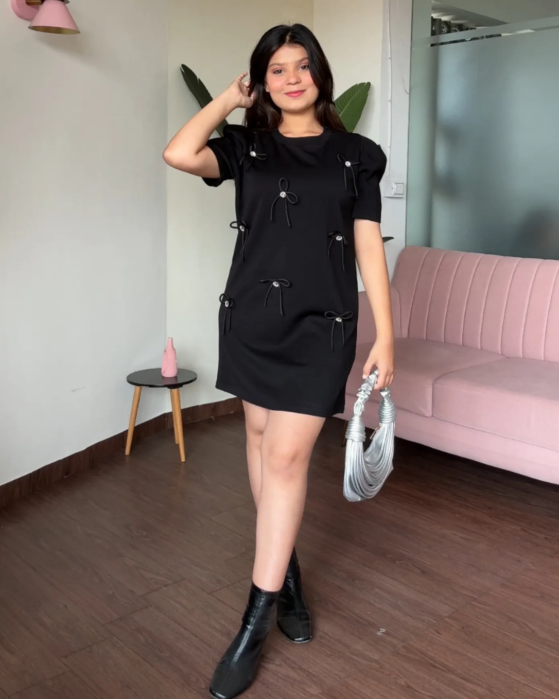 Bow Detail Puff Sleeves T-Shirt Dress