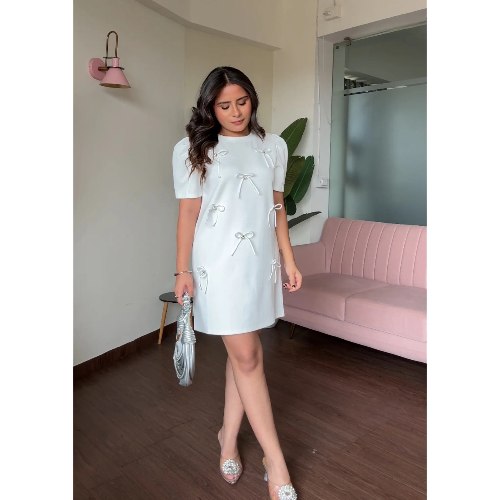 Bow Detail Puff Sleeves T-Shirt Dress