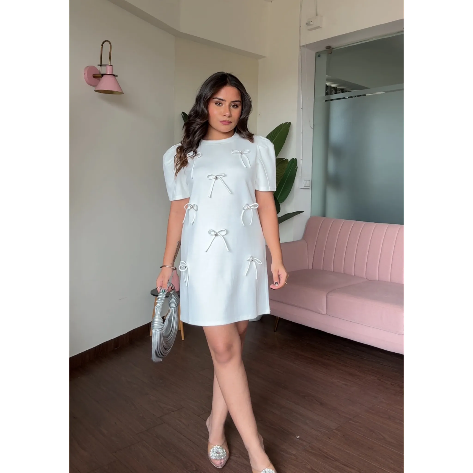 Bow Detail Puff Sleeves T-Shirt Dress