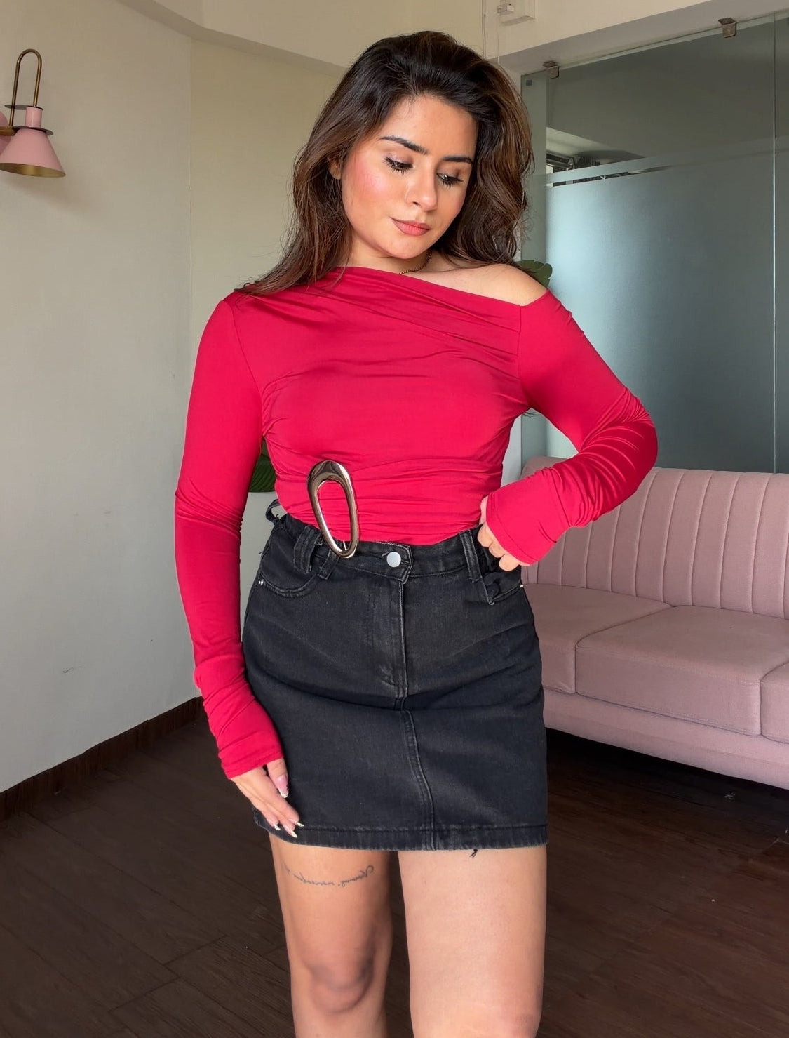 Buckle Ruched Detailing Boat Neck Bodysuit