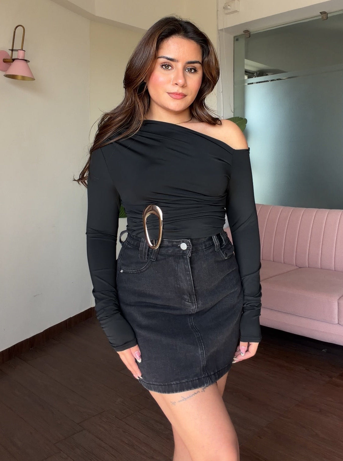 Buckle Ruched Detailing Boat Neck Bodysuit