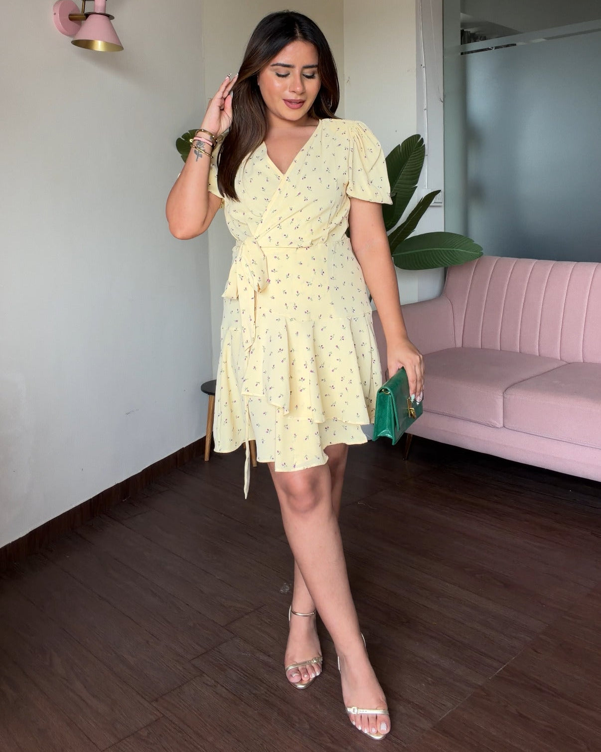 Butter Yellow Floral Puff Sleeve Wrap Mini Dress
