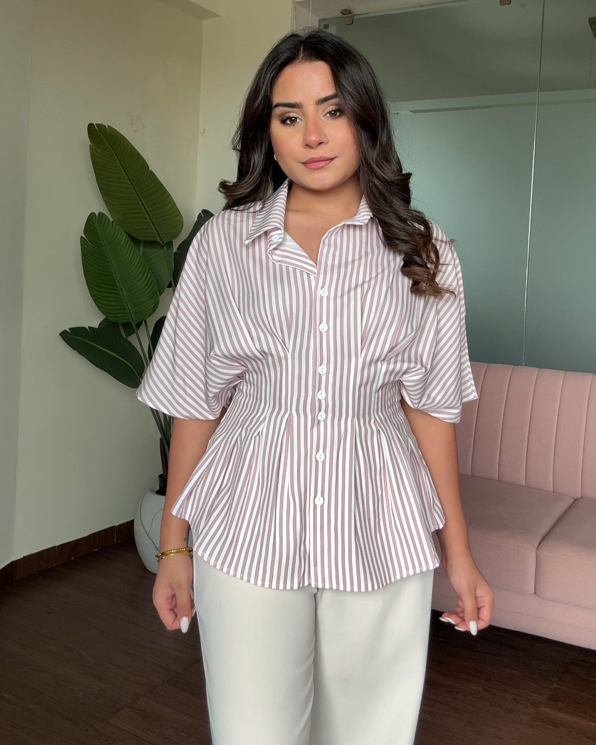 Button Up Structured Striped Peplum Top