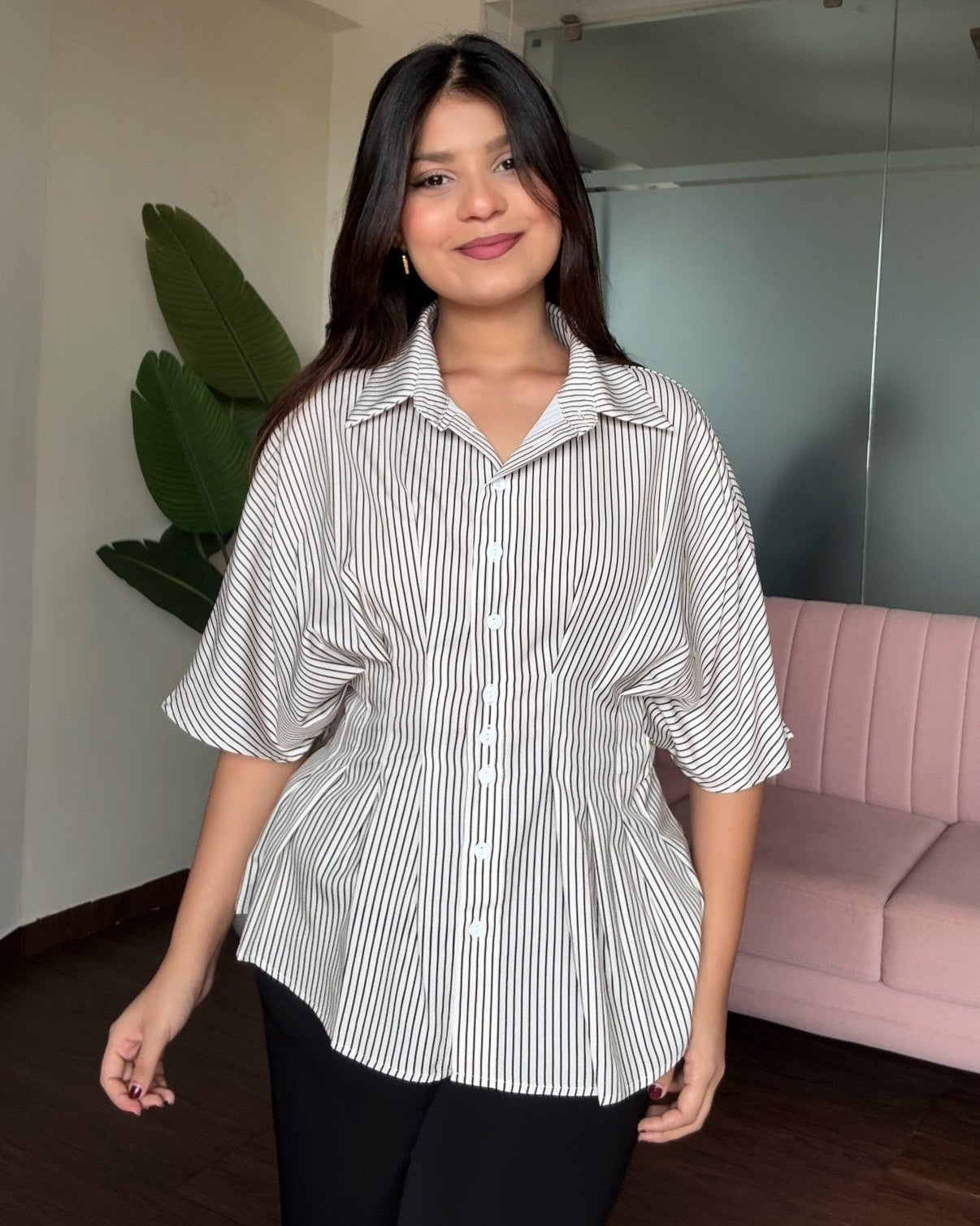 Button Up Structured Striped Peplum Top