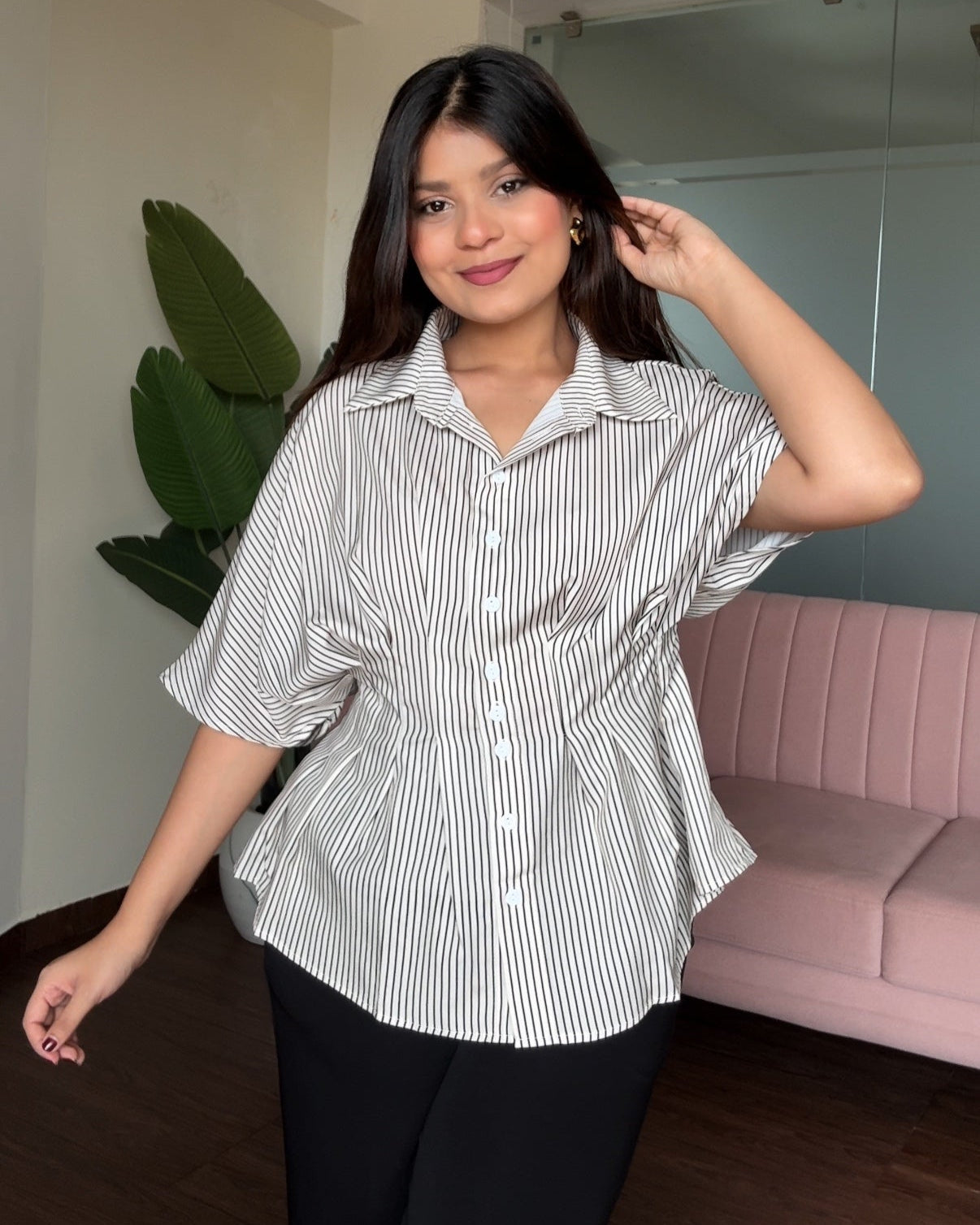 Button Up Structured Striped Peplum Top