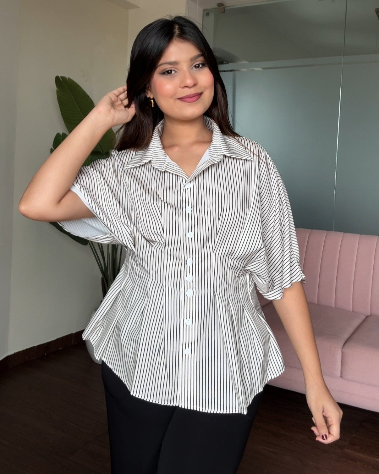Button Up Structured Striped Peplum Top