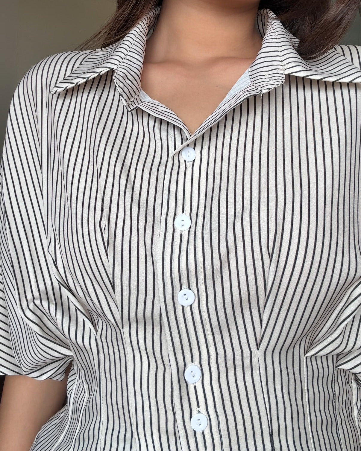 Button Up Structured Striped Peplum Top