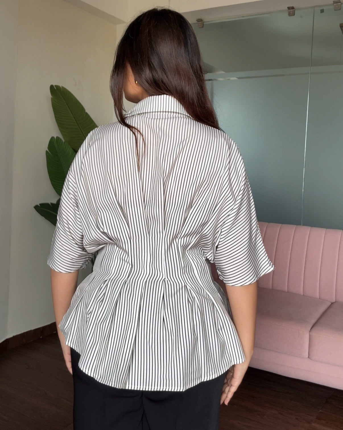 Button Up Structured Striped Peplum Top