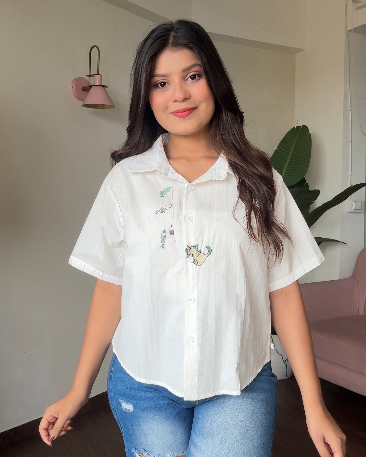 Cat Embroidered Solid White Cotton Cropped Shirt