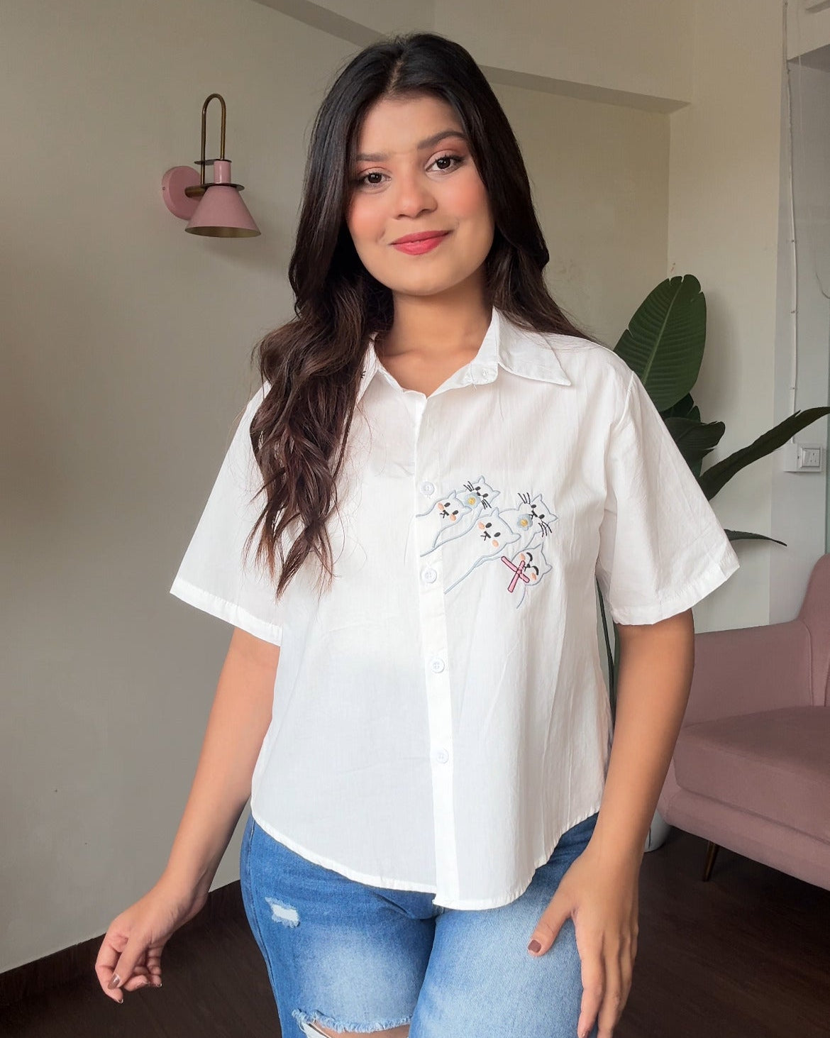 Cat Embroidered Solid White Cotton Cropped Shirt