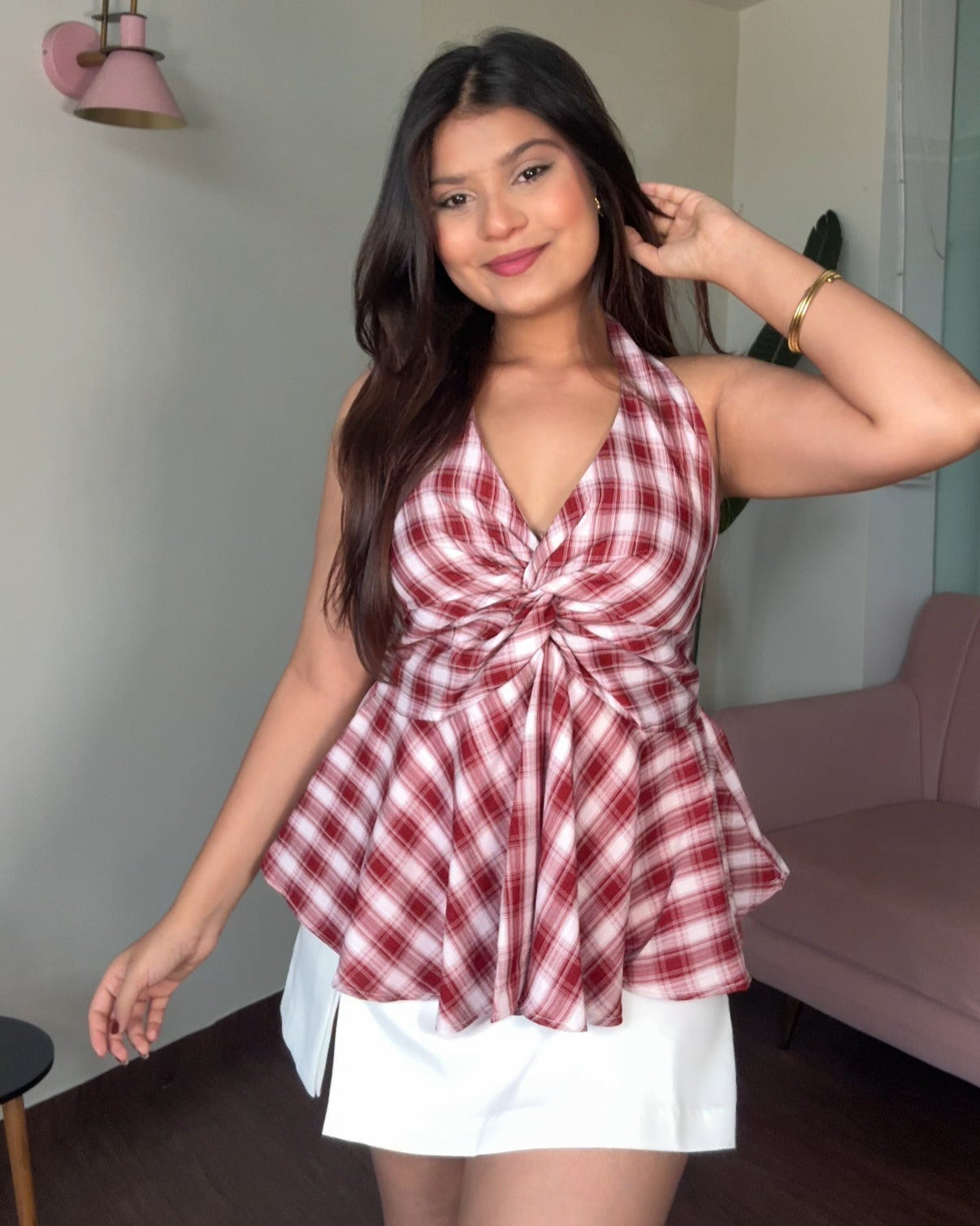 Checker Halter Neck Peplum Top