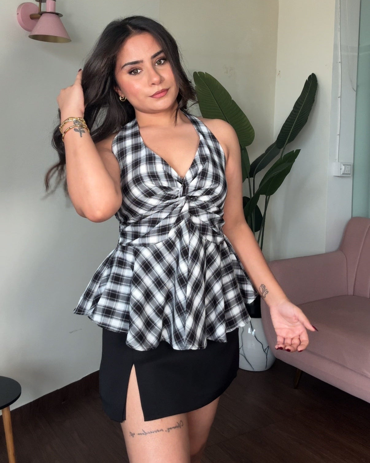 Checker Halter Neck Peplum Top