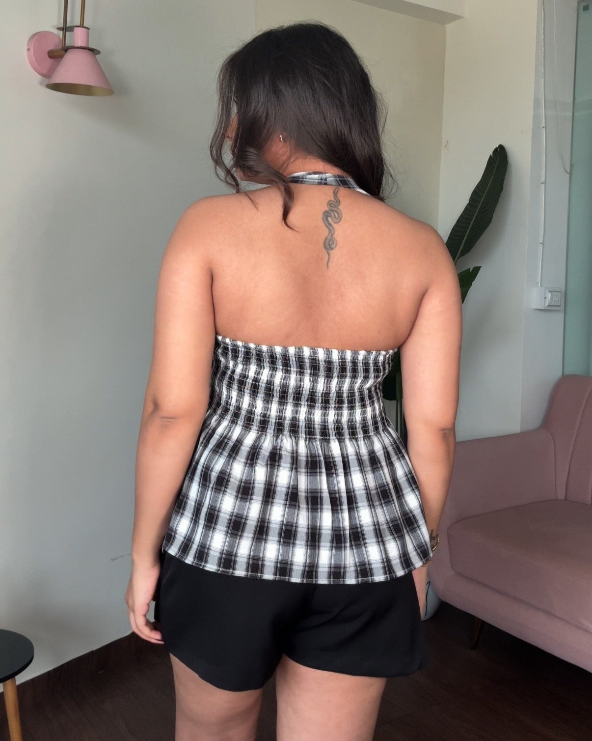 Checker Halter Neck Peplum Top