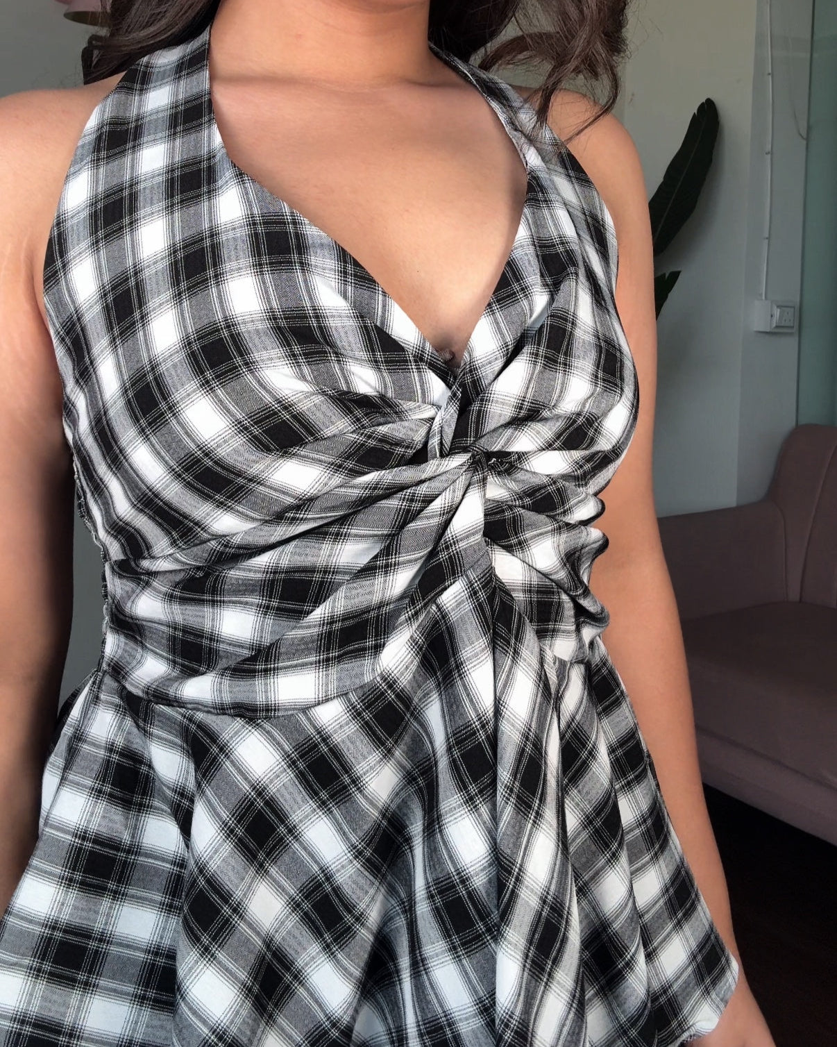Checker Halter Neck Peplum Top