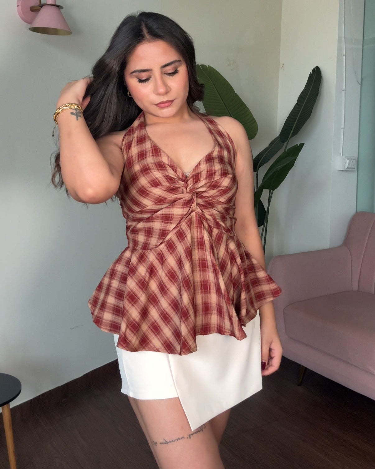 Checker Halter Neck Peplum Top