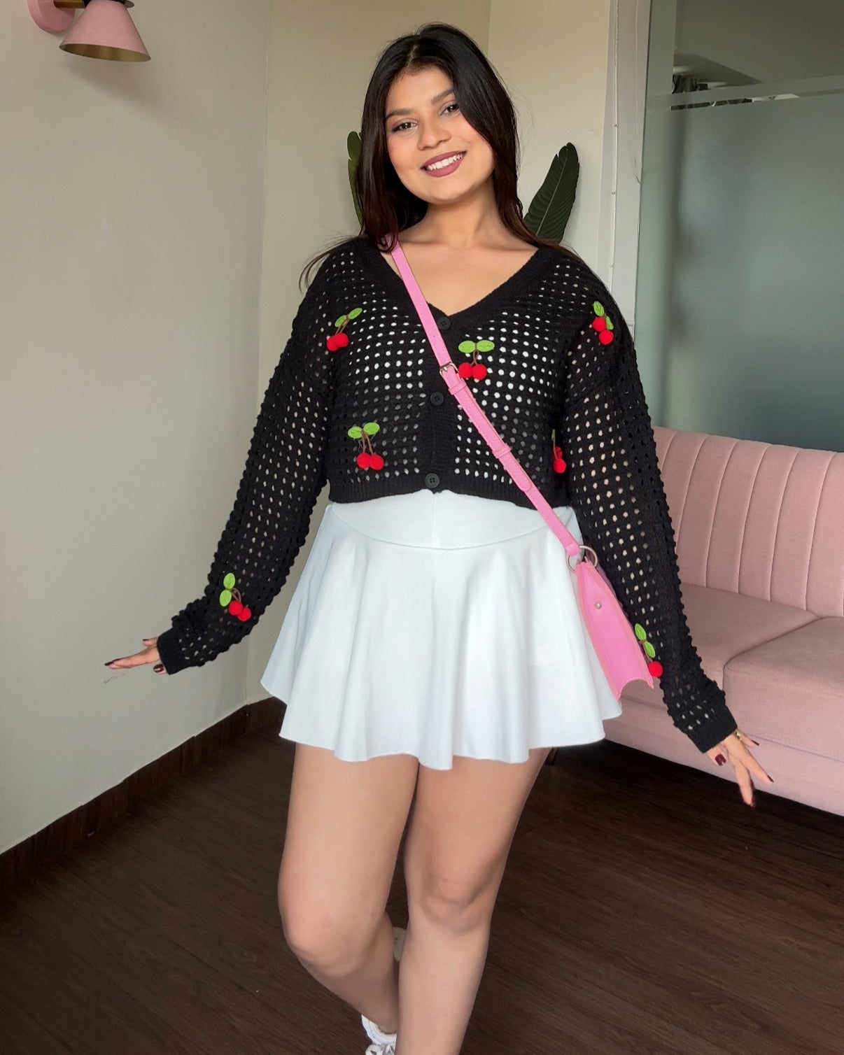 Cherry Crochet Cropped Baggy Cardigan
