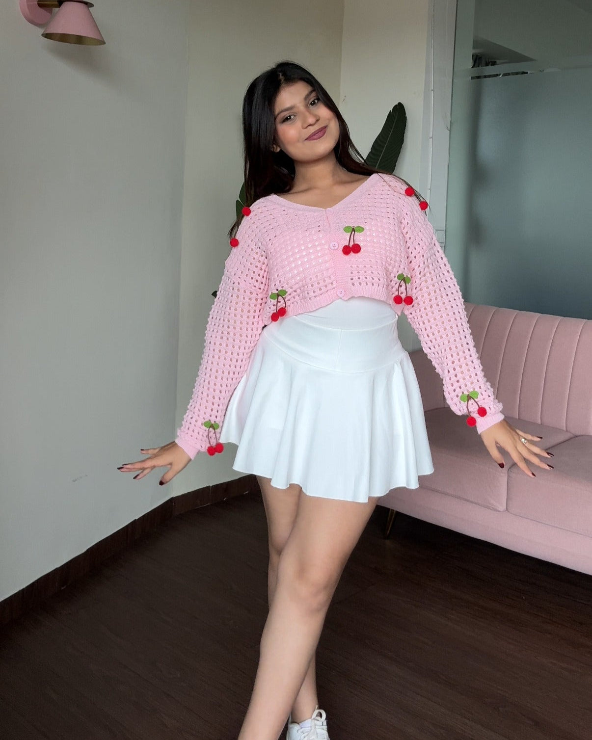 Cherry Crochet Cropped Baggy Cardigan