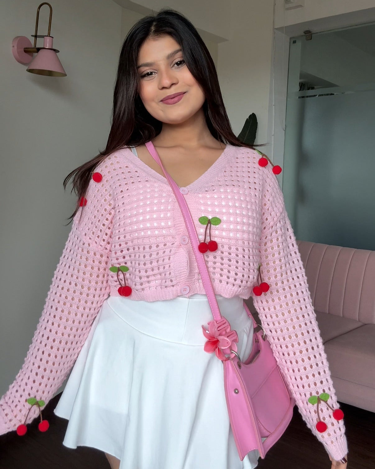 Cherry Crochet Cropped Baggy Cardigan