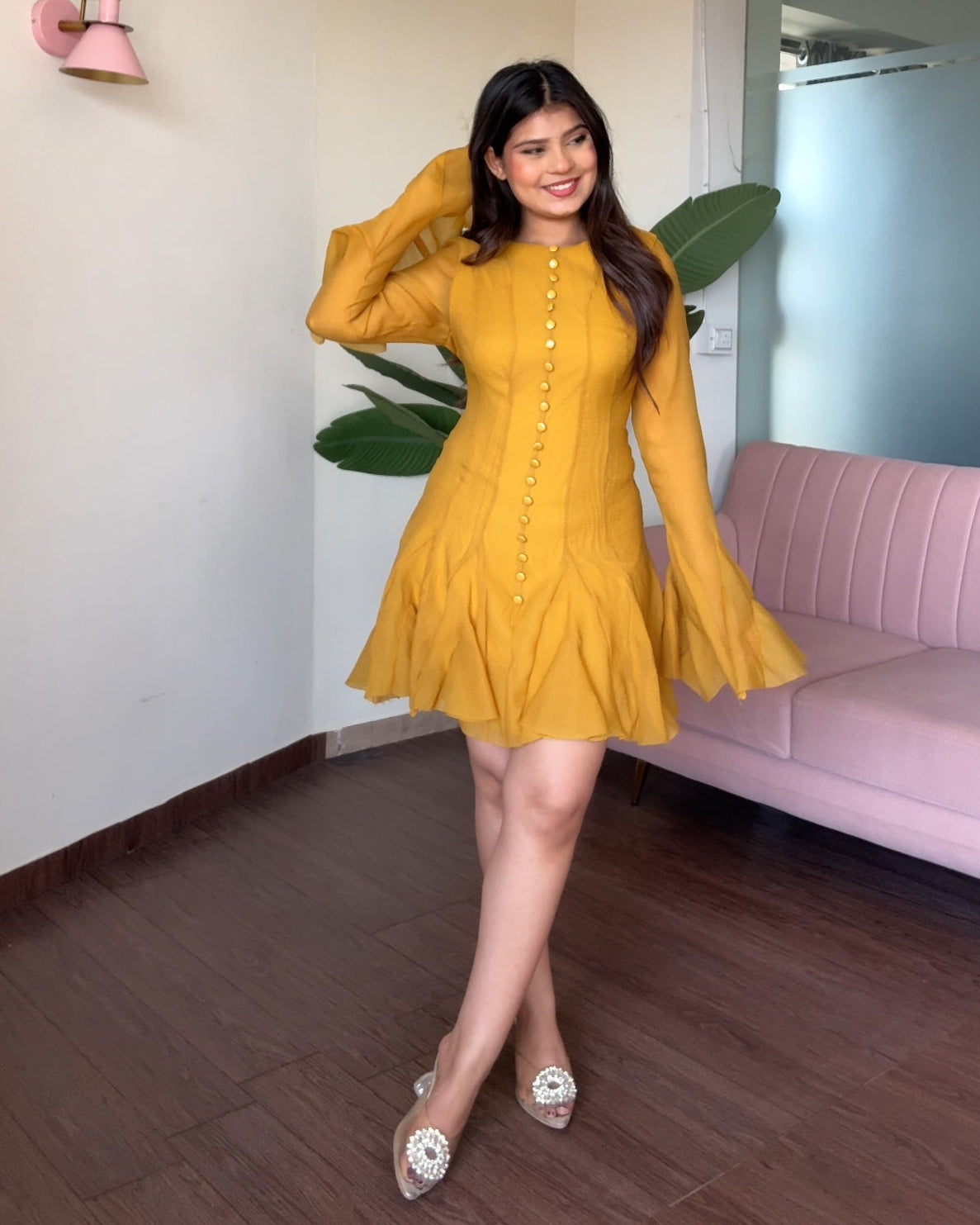 Chiffon Bell Sleeves Flared Dress